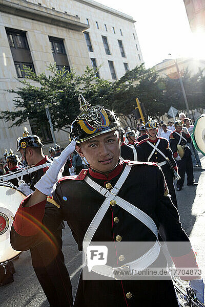 The Presidential Guard Battalion In The Dress Uniform With The Spiked Helmet Called A Pickelhaube. Bogota  Colombia.