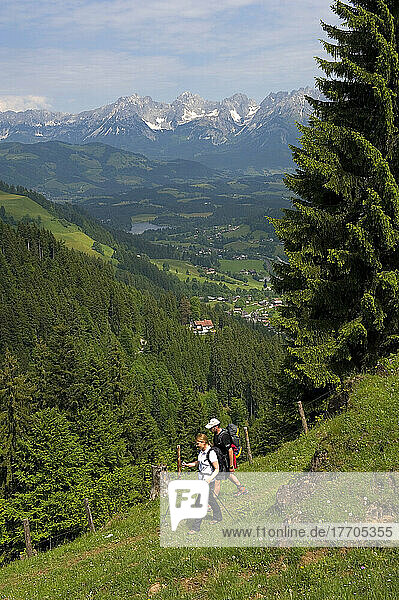 A couple hiking in the Kitzbuehel alpine region with the Wilder Kaiser mountain ridge in the background. Tyrol  Austria.