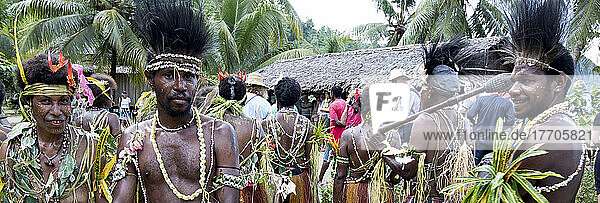 Dorfbewohner bei den Vorbereitungen zur Aufführung eines traditionellen melanesischen Stammestanzes für Touristen im Dorf Siboma  Insel Lababia  Huon-Golf  Provinz Morobe  Papua-Neuguinea; Dorf Siboma  Provinz Morobe  Papua-Neuguinea