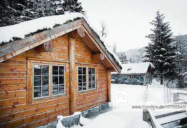 Winter Alpine Scenery With Mountains  Snow And A Pine Forest With Brekke Rental Cabins; Ortnevik  Sognefjord  Norway