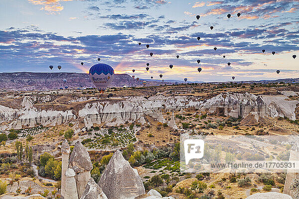 Eine Fülle von Heißluftballons über der zerklüfteten Landschaft des Honigtals; Kappadokien  Türkei