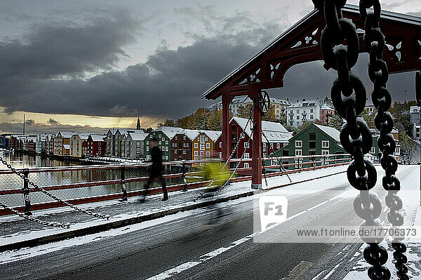 Winter Snow View Over Old Town Bridge  Over The River Nidelva; Trondheim  Norway