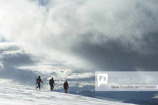 Three Walkers On Snowy  Winter Walk Ascending Geal Charn  Near Laggan; Scotland
