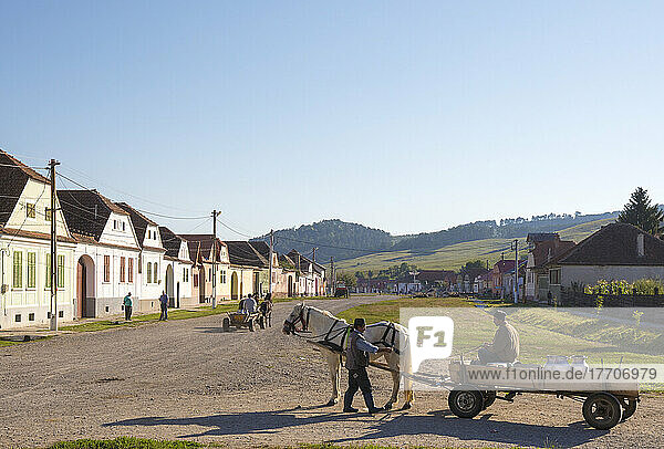 Milchlieferung mit Pferd und Wagen in einem ländlichen sächsischen Dorf; Siebenbürgen  Rumänien