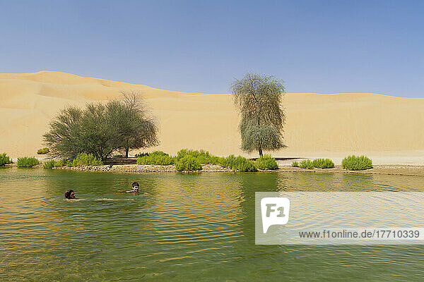 Menschen schwimmen in einem Teich in einem leeren Viertel in der Liwa-Oase; Liwa-Oase  Abu Dhabi  Vereinigte Arabische Emirate
