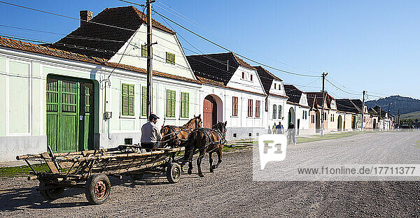 Pferd und Wagen auf der Straße eines traditionellen sächsischen Dorfes; Kreis Brasov  Siebenbürgen  Rumänien
