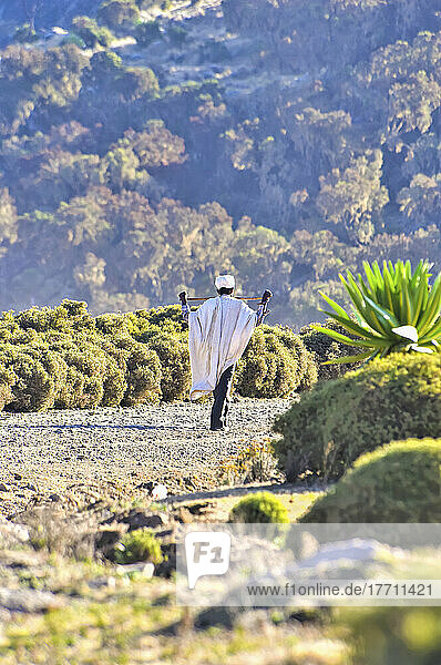 Man walking in Simien National Park in Ethiopia; Ethiopia