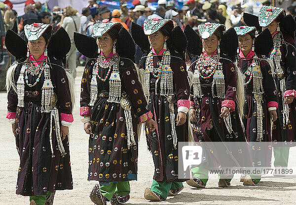 Traditional dancers in the opening parade of the Ladakh Festival. The Ladakh Festival is held every year in the first two weeks of September and celebrates local culture through dance and sport. Ladakh  Province of Jammu and Kashmir  India