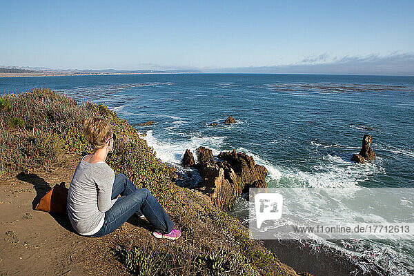 A tourist sits at a lookout on the Pacific Ocean and watches waves crash onto rock formations.; San Simeon Cove  San Simeon  California