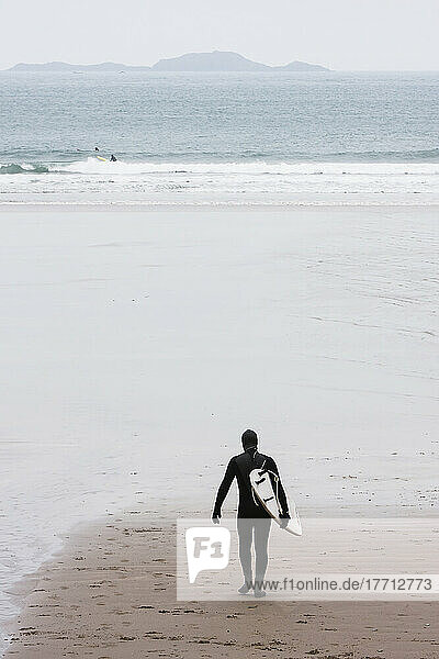 Engagierter Surfer im Neoprenanzug auf dem Weg in die kühlen Wintergewässer am Whitesands Beach auf dem Pembrokeshire Coast Path; Pembrokeshire  Wales