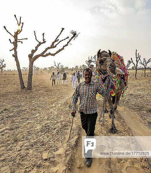 Rajput-Mann und sein Kamel in der Wüste Thar in Rajasthan  Indien; Nagaur  Rajasthan  Indien