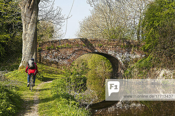 Radfahrer  der am Kanal entlang fährt; Wiltshire  England