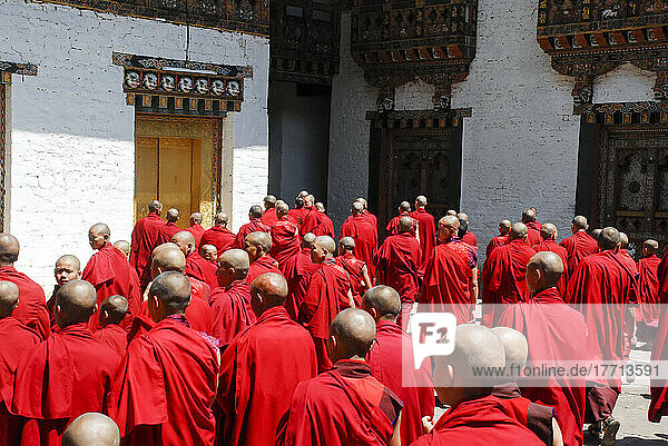 Buddhist monks gather after prayer in the Punakha Dzong of Punakha  Bhutan; Punakha  Bhutan