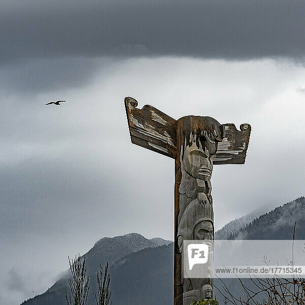 Totempfahl  eine Art Kunst der Nordwestküste  mit bedecktem Himmel  gemäßigtem Regenwald und Bergkette im Hintergrund; Tofino  British Columbia  Kanada