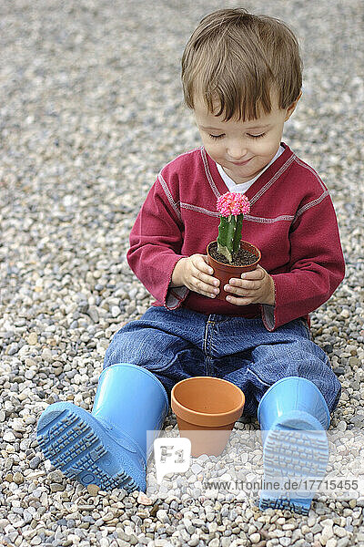 Kleiner Junge hält eine Kaktuspflanze