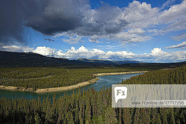 Der Yukon-Fluss fließt durch das Tal in der Nähe von Whitehorse; Yukon  Kanada