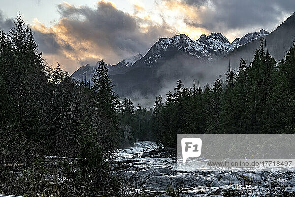 Natural beauty on Vancouver Island  with a flowing river through the forest and rugged mountains at sunset; Alberni-Clayoquot Regional District  British Columbia  Canada