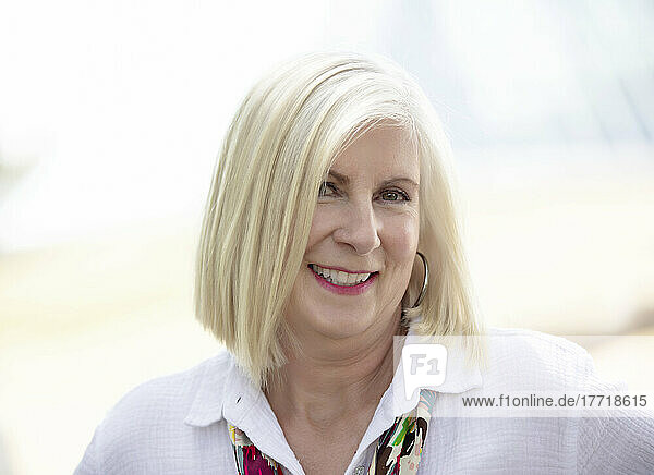 Close-up portrait of a mature woman with white hair; Edmonton  Alberta  Canada