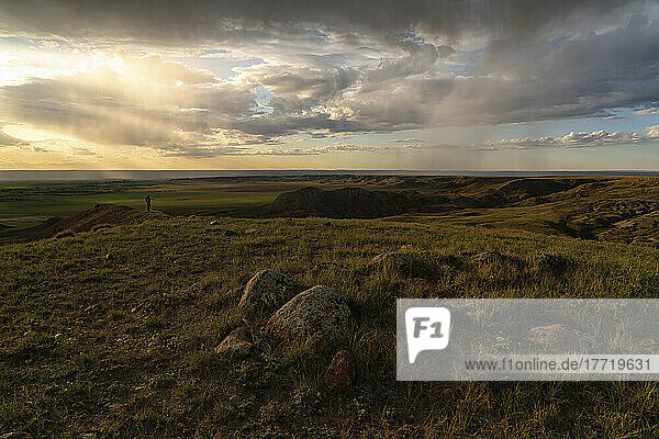Woman standing watching the sunset over the prairies of Saskatchewan; Val Marie  Saskatchewan  Canada