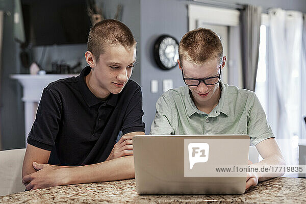 Ein junger Mann benutzt zu Hause einen Laptop  während sein Bruder den Bildschirm neben ihm beobachtet; Edmonton  Alberta  Kanada