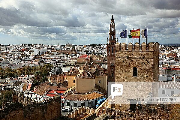 Carmona in the province of Seville  view from the Alcazar de la Puerta de Sevilla to the Torre del Oro  the Cathedral San Pedro and the old town  Andalucia  Spain  Europe