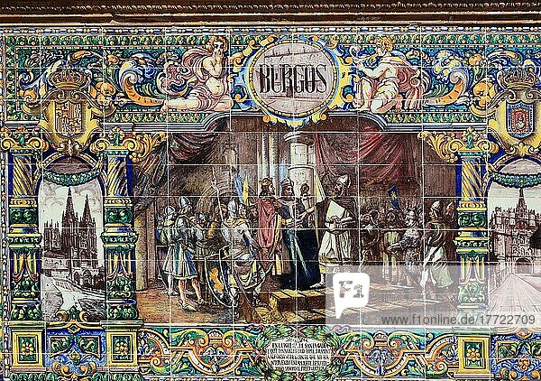 Stadt Sevilla  am Plaza de Espana  Ornamente aus Fliesen  Details der Ornamentik  die die 48 Provinzen Spaniens präsentieren  hier Burgos  Karten der Provinzen  Mosaike historischer Ereignisse  Andalusien  Spanien  Europa