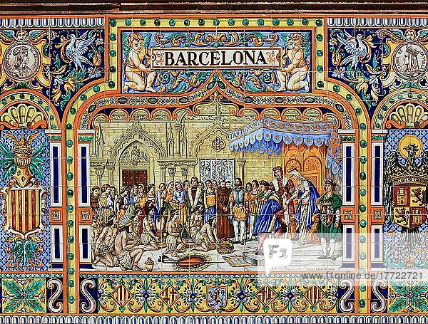 City of Seville  at the Plaza de Espana  ornaments made of tiles  details of the ornamentation presenting the 48 provinces of Spain  here Barcelona  maps of the provinces  mosaics of historical events  Andalusia  Spain  Europe