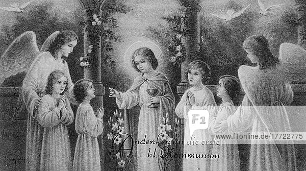 Religion  biblische Szene  Engel  Andenken an die heilige Kommunion  ca 1910  Deutschland  Historisch  digitale Reproduktion einer Originalvorlage aus dem 19. Jahrhundert  Europa