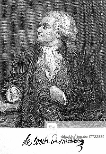 Honoré Gabriel Victor de Riqueti  comte de Mirabeau seit dem 13. Juli 1789 Marquis de Mirabeau (9. März 1749) (2. April 1791) war französischer Politiker  Physiokrat  Schriftsteller und Publizist in der Zeit der Aufklärung  Historisch  digitale Reproduktion einer Originalvorlage aus dem 19. Jahrhundert