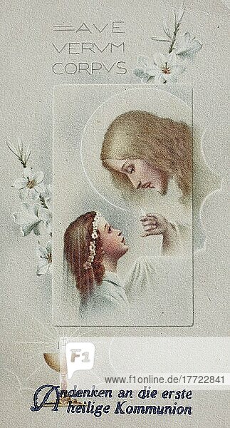 Religion  biblische Szene  Kommunionsbild  Jesus segnet ein Mädchen  Historisch  digitale Reproduktion einer Originalvorlage aus dem 19. Jahrhundert