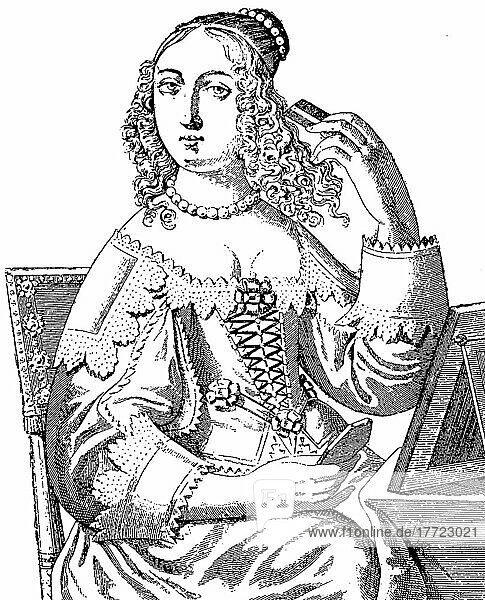 Elegante Dame  1648  mit Lockenfrisur  Frankreich  Geschichte der Mode  Kostümgeschichte  digital restaurierte Reproduktion einer Vorlage aus dem 19. Jahrhundert  genaues Datum unbekannt  Europa