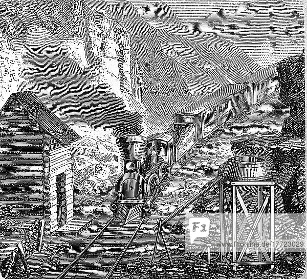 Eine Haltestelle der Pacifischen Eisenbahn im Felsengebirge im Jahre 1880  Dampflokomotive  Pazifikbahn  Amerika  USA  digital restaurierte Reproduktion einer Originalvorlage aus dem 19. Jahrhundert  genaues Originaldatum nicht bekannt  Nordamerika
