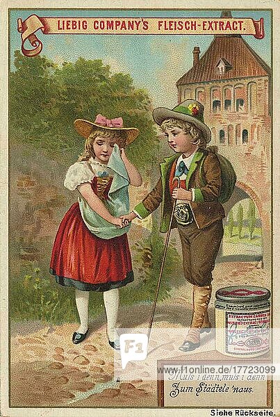 Series of proverbs with children  must I  must I go out to the city  digitally restored reproduction of a Liebig collector's picture from c. 1900