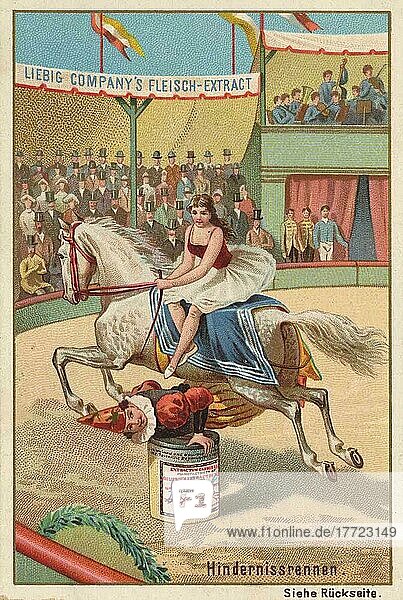 Serie Pferdedressur im Zirkus  Hindernissrennen  Frau überspringt mit ihrem Pferd einen Clown  digital restaurierte Reproduktion eines Liebig Sammelbildes von ca 1900