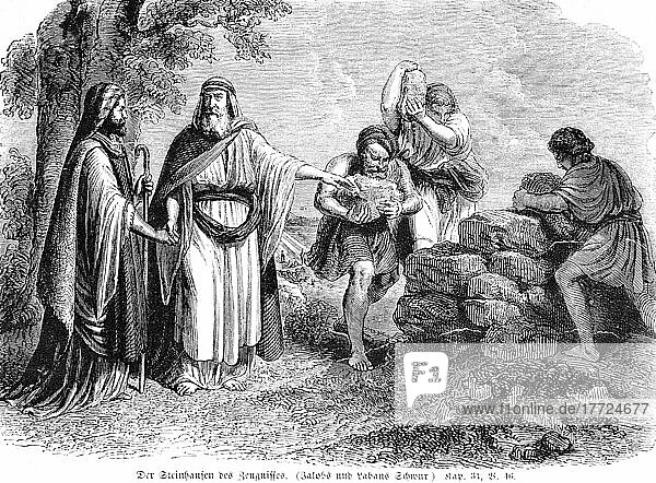 The cairn of testimony  Jacob's and Laban's oath  Arameans  men  group  outdoors  clothing  headdress  carry  staff  talk  hand  erect  tree  robe  Bible  Old Testament  First Book of Moses  chapter 31  verse 46  historical illustration 1850
