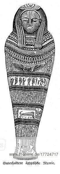 Gut erhaltene ägytische Mumien  Ägypten  Tod  Bestattung  Verzierungen  einbalsamieren  Hieroglyphen  soziale Oberschicht  Bibel  Altes Testament  Erste Buch Mose  Kapitel 50  Vers 2  historische Illustration 1850  Afrika
