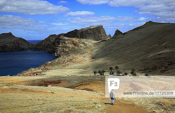 At Cap Ponta de Sao Lourenco  landscape at the eastern end of the island  hikers on their way to Casa do Sardinha  Madeira