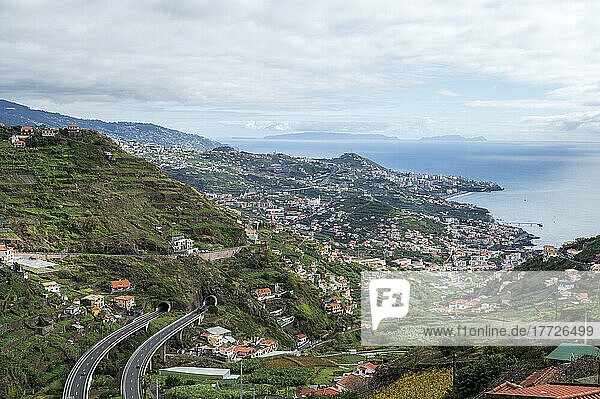 Road above Funchal viewed from elevated position  Madeira  Portugal  Atlantic  Europe