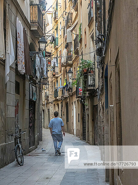 Winding street in the old center of Barcelona  Catalonia  Spain  Europe