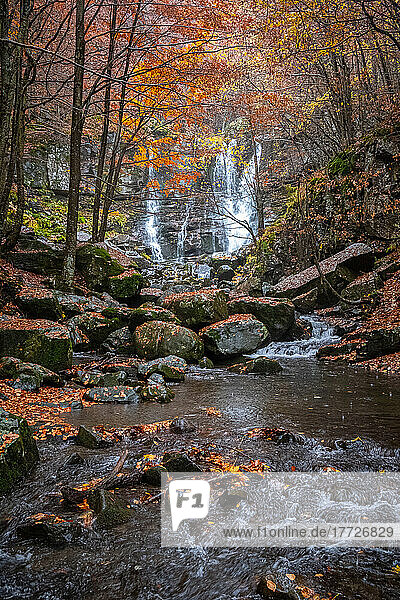 Dardagna waterfalls and river with autumn foliage  Emilia Romagna  Italy  Europe