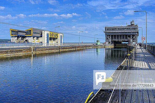 Old and new Niederfinow ship lift  Oder Havel Canal  Brandenburg  Germany  Europe