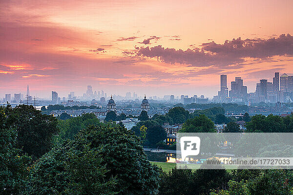 View of Greenwich Old Royal Naval College and London skyline at dusk  Greenwich  London  England  United Kingdom  Europe