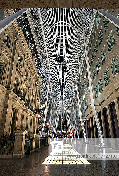 The Allen Lambert Galleria at night  nicknamed the Crystal Cathedral of Commerce  Brookfield Place  Toronto  Ontario  Canada  North America