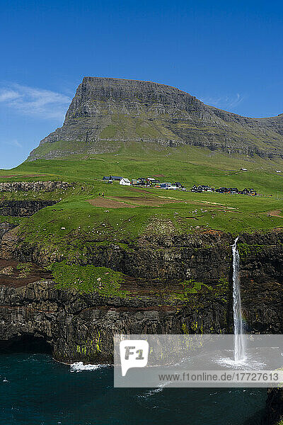 Mulafossur waterfall  Gasaldur  Vagar Island  Faroe Islands  Denmark  Europe