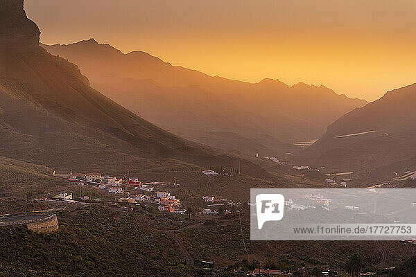 View of mountainous landscape during golden hour near Tasarte  Gran Canaria  Canary Islands  Spain  Atlantic  Europe