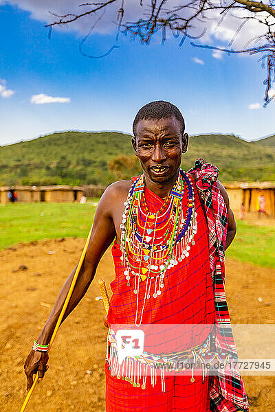 Maasai local in his home  Maasai Mara  Kenya  East Africa  Africa