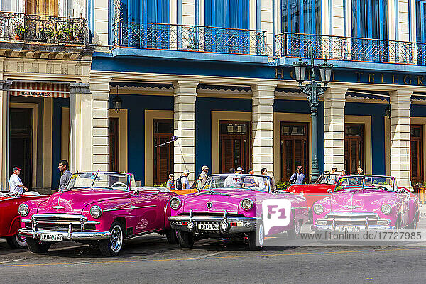 Red and pink vintage American car taxis on street in Havana  Cuba  West Indies  Central America