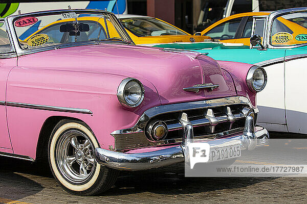 Close up detail of pink vintage American car taxi  Havana  Cuba  West Indies  Central America