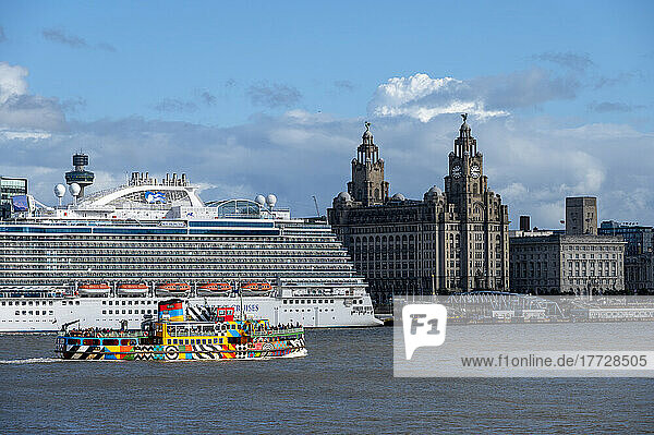 The Liver Building with cruise ship and Mersey ferry  Liverpool  Merseyside  England  United Kingdom  Europe