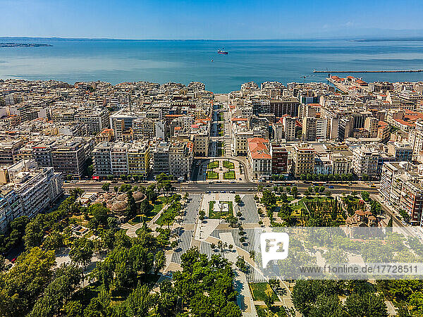 Drone aerial view with Northern part of Aristotelous main square at the city center visible  Thessaloniki  Greece  Europe